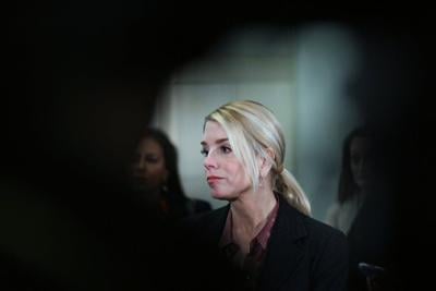 U.S. Attorney General Pam Bondi answers questions from the media at the U.S. Capitol on March 18, 2026.