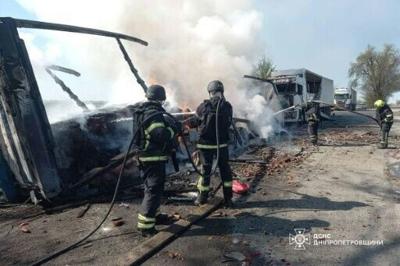 This handout photograph taken and released by the State Emergency Service of Ukraine on May 3, 2026 shows firefighters extinguishing a fire at the site of a drone attack in Dnipropetrovsk region
