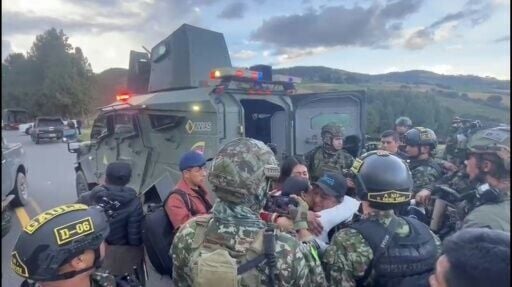 This video grab taken from handout footage released by the Colombian Army shows Colombian Indigenous senator Aida Quilcue (C-R) hugging people after being freed from kidnapping in Cauca department, Colombia on February 10, 2026