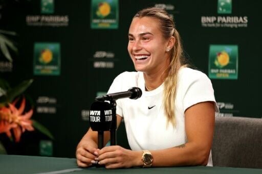 World number one Aryna Sabalenka of Belarus fields questions before the Indian Wells ATP/WTA Masters 1000