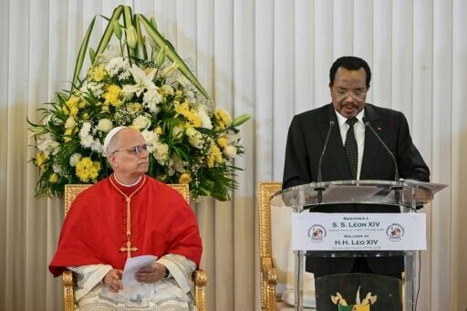 Pope Leo XIV made a pointed speech within earshot of Cameroon's President Paul Biya (R)