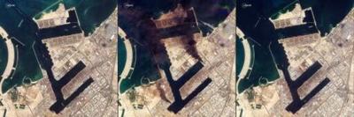 This sequence of Planet Labs satellite images shows Dubai's Jebel Ali commercial port before and after it was hit by an Iranian attack