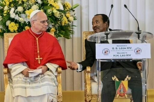 Pope Leo XIV's speech, in earshot of Cameroon's President Paul Biya (R), was unusually direct