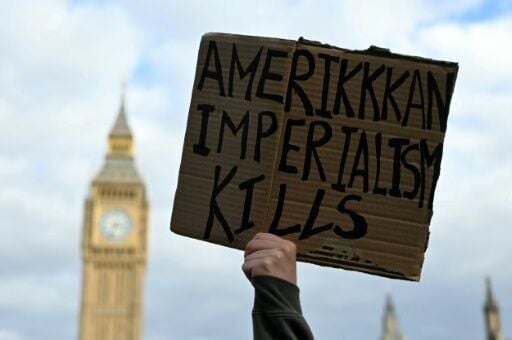 A protest in London gathered in support of Iran, shouting slogans like 'stop killing children'