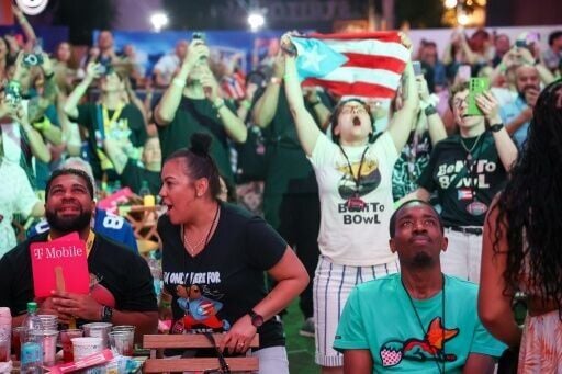 Fans react to the Bad Bunny halftime show during a Super Bowl viewing party in San Juan, Puerto Rico