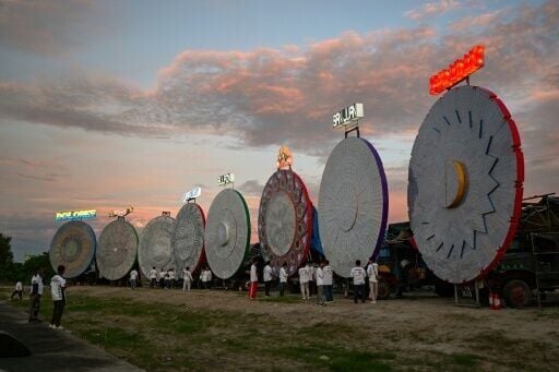 Giant lanterns against a dusk sky in San Fernando, Pampanga