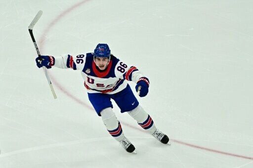 Jack Hughes celebrates scoring the goal that gave Canada the Olympic men's ice hockey gold for the first time in 46 years