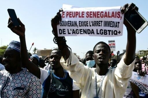 'No to LGBT agenda,' reads a sign held during a protest against same-sex in Senegal