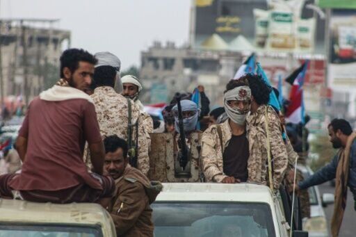 Members of the Sabahiha tribes of Lahj gather during a rally to show their support for the UAE-backed Southern Transitional Council in Aden on December 14