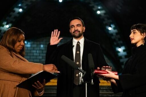 Zohran Mamdani was sworn into office by New York Attorney General Letitia James (L) alongside his wife Rama Duwaji