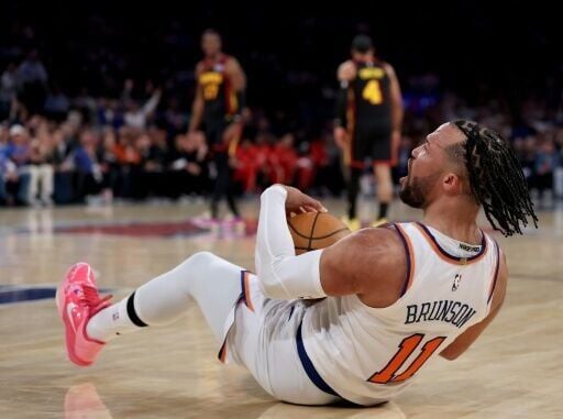 New York's Jalen Brunson reacts after drawing a foul in the Knicks' win over the Atlanta Hawks in their NBA playoff opener
