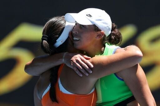 Jessica Pegula (L) and s Madison Keys embrace after their women's singles match