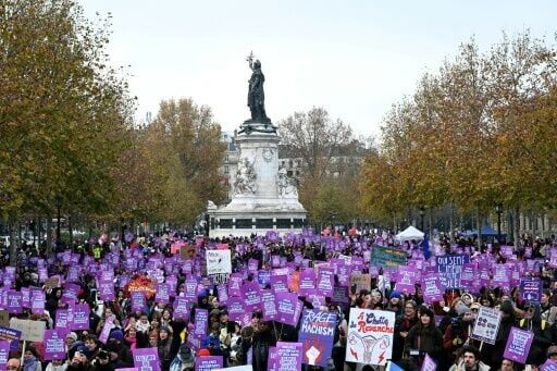 Demonstrators gathered at Place de la Republique in Paris to protest violence against women