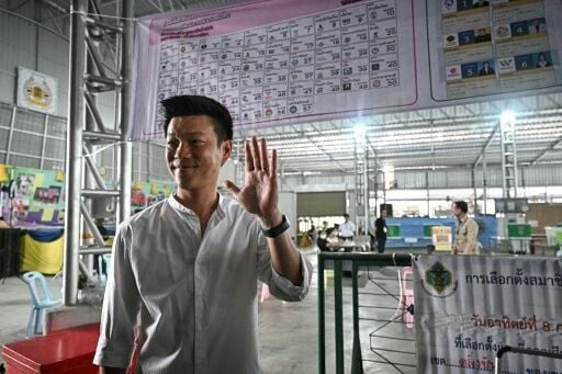 People's Party leader and prime ministerial candidate Natthaphong Ruengpanyawut after voting in Thailand's general election at a polling station in Bangkok