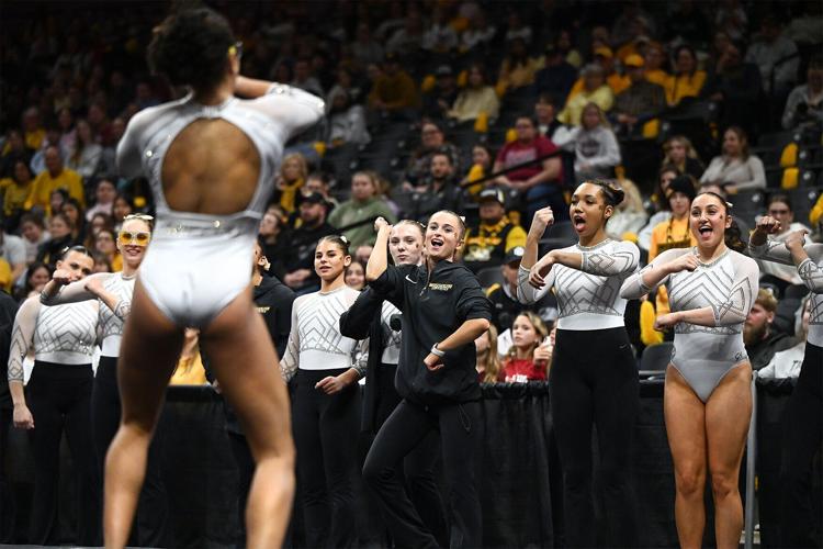 Mizzou gymnasts dance alongside sophomore Ayla Acevedo