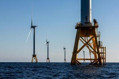 Wind turbines shown in 2022 generating electricity at the Block Island Wind Farm near Block Island, Rhode Island