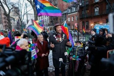 Community activist Jay Walker speaks at a protest against the removal of the rainbow flag from the Stonewall site in New York on February 10, 2026