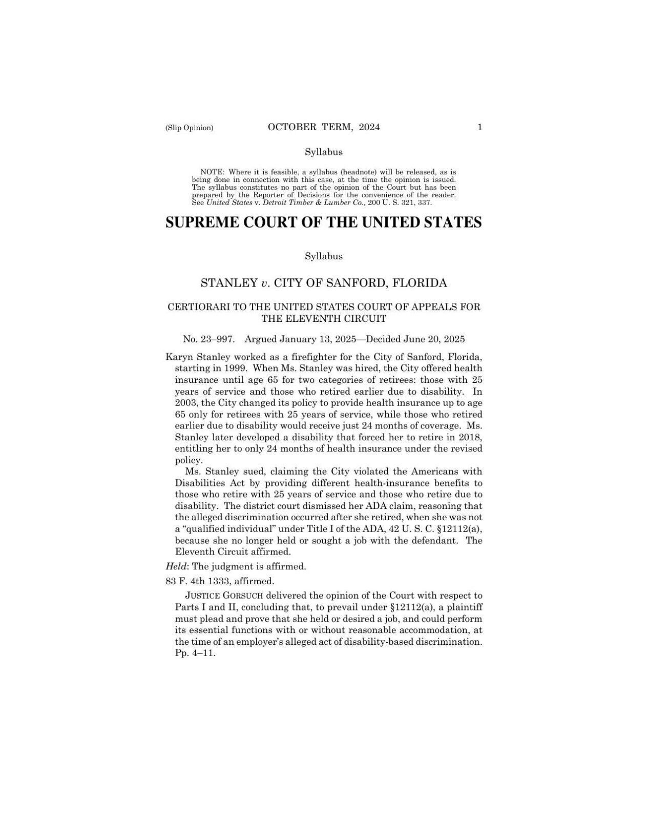 Stanley v. City of Sanford U.S. Supreme Court decision