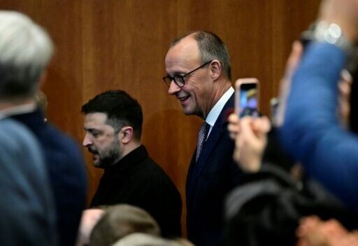 German Chancellor Friedrich Merz and Ukraine's President Volodymyr Zelensky at the 8th German-Ukrainian Economic Forum in Berlin