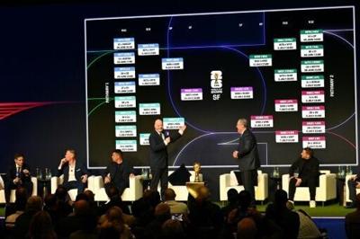 FIFA president Gianni Infantino (center-left) speaking on stage at Saturday's final match schedule reveal in Washington for the 2026 World Cup