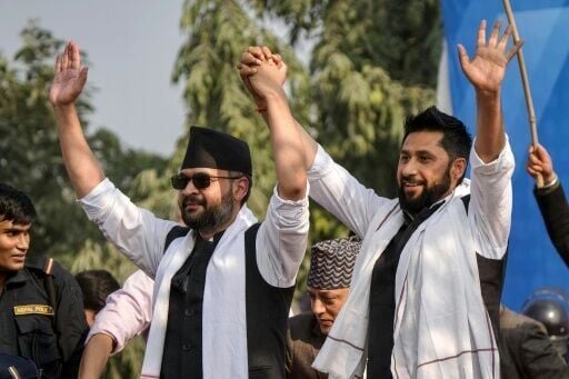 Shah (left) joined the centrist Rastriya Swatantra Party, led by television host Rabi Lamichhane (right)