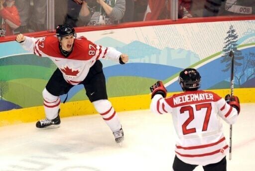 Sidney Crosby celebrates after scoring the gold medal winning goal at the Vancouver Olympics