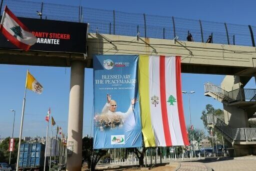 Billboards in Lebanon show the pope with the slogan "Blessed are the peacemakers"