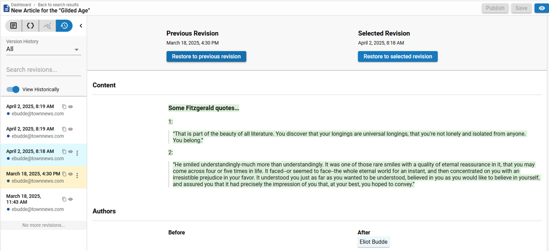 Body copy content diff in revision history