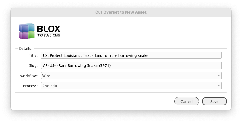 Cut Overset to New Asset