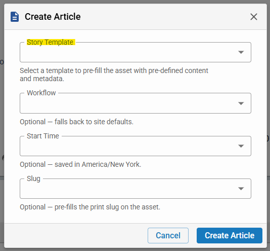 Choose a Story Template in Create Asset Modal