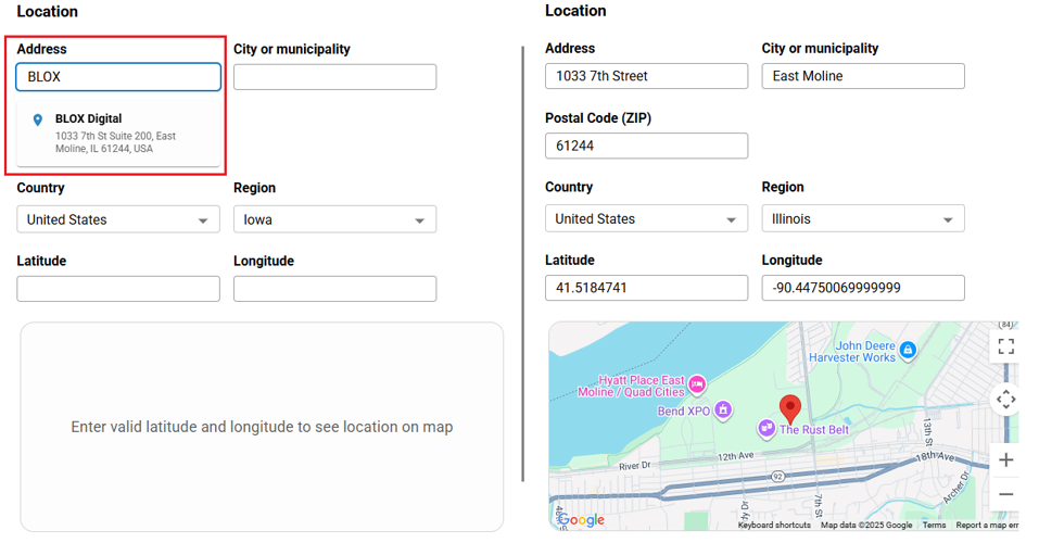 Location Field with Address Lookup and Map Preview