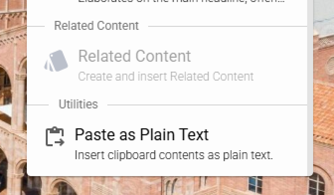 “Paste as Plain Text” option in the rich text editor