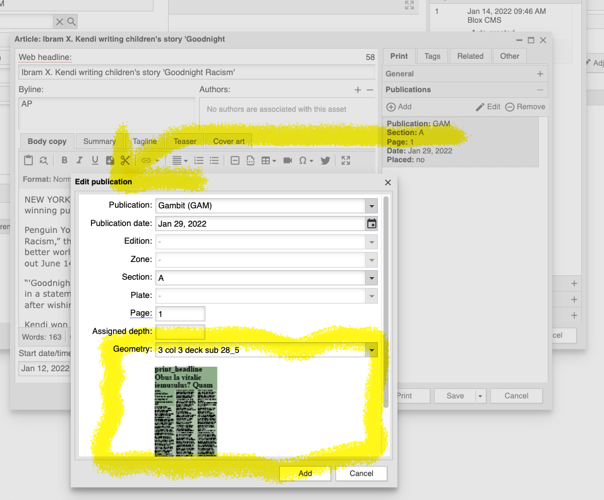 Edit Publication showing geometry attached to the asset