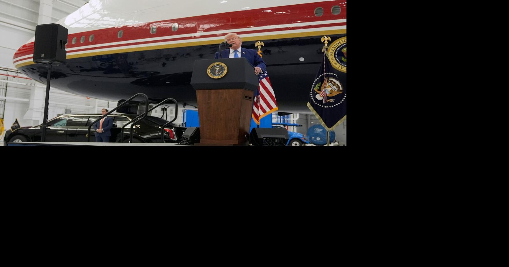 President Donald Trump unveils the new Air Force One, a converted Qatari jet