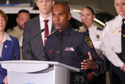 Peel police Chief Nishan Duraiappah provides an update on the ongoing extortion investigation in Brampton and Mississauga during a news conference at the Emil Kolb Centre on May 25.