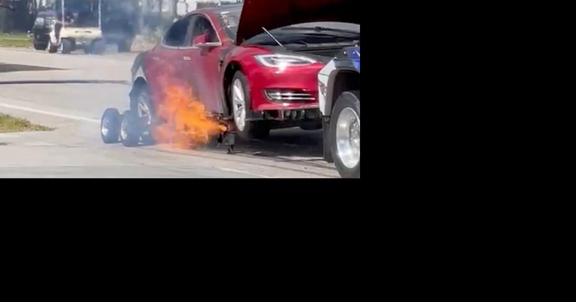 Tesla bursts into flames, likely caused by battery corrosion caused by