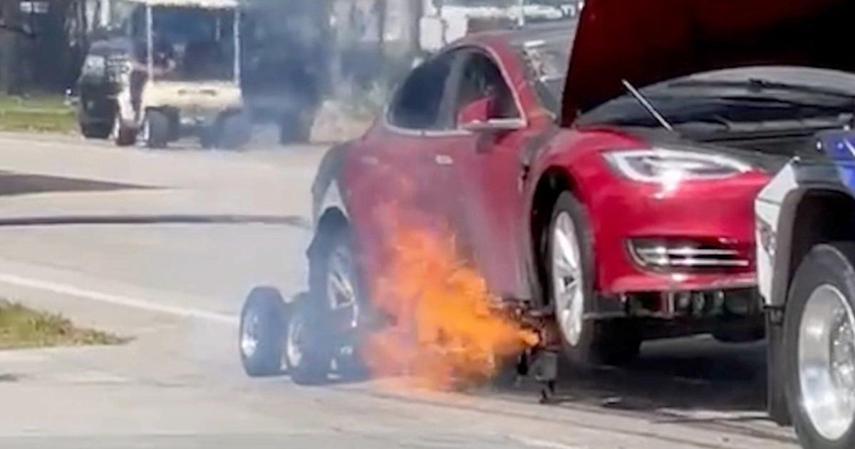 Tesla bursts into flames, likely caused by battery corrosion caused by