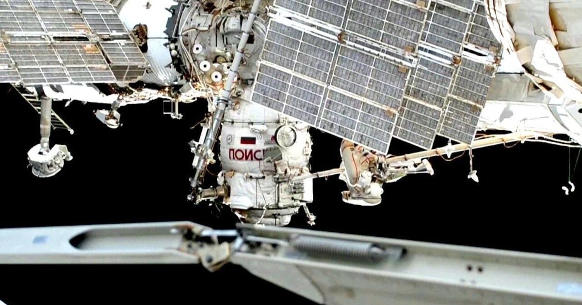 Russian cosmonauts take a spacewalk to relocate a radiator unit on ISS