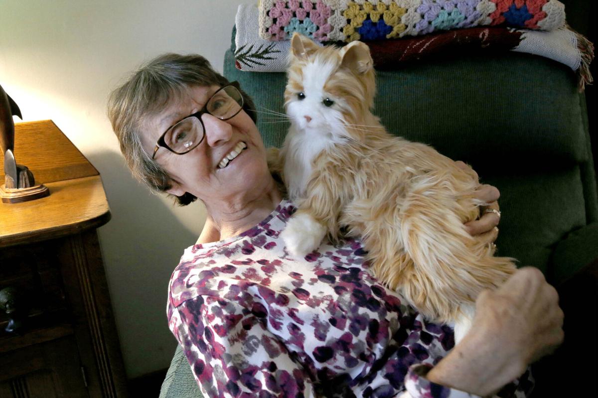 Donna Brese, of Eden, diagnosed four years ago with dementia, takes comfort interacting with Angel, an animatronic cat that she can love unconditionally without having to feed or clean up after. The Alzheimer's Association of WNY can make such dogs and cats available free to those in the region with dementia.  Robert Kirkham