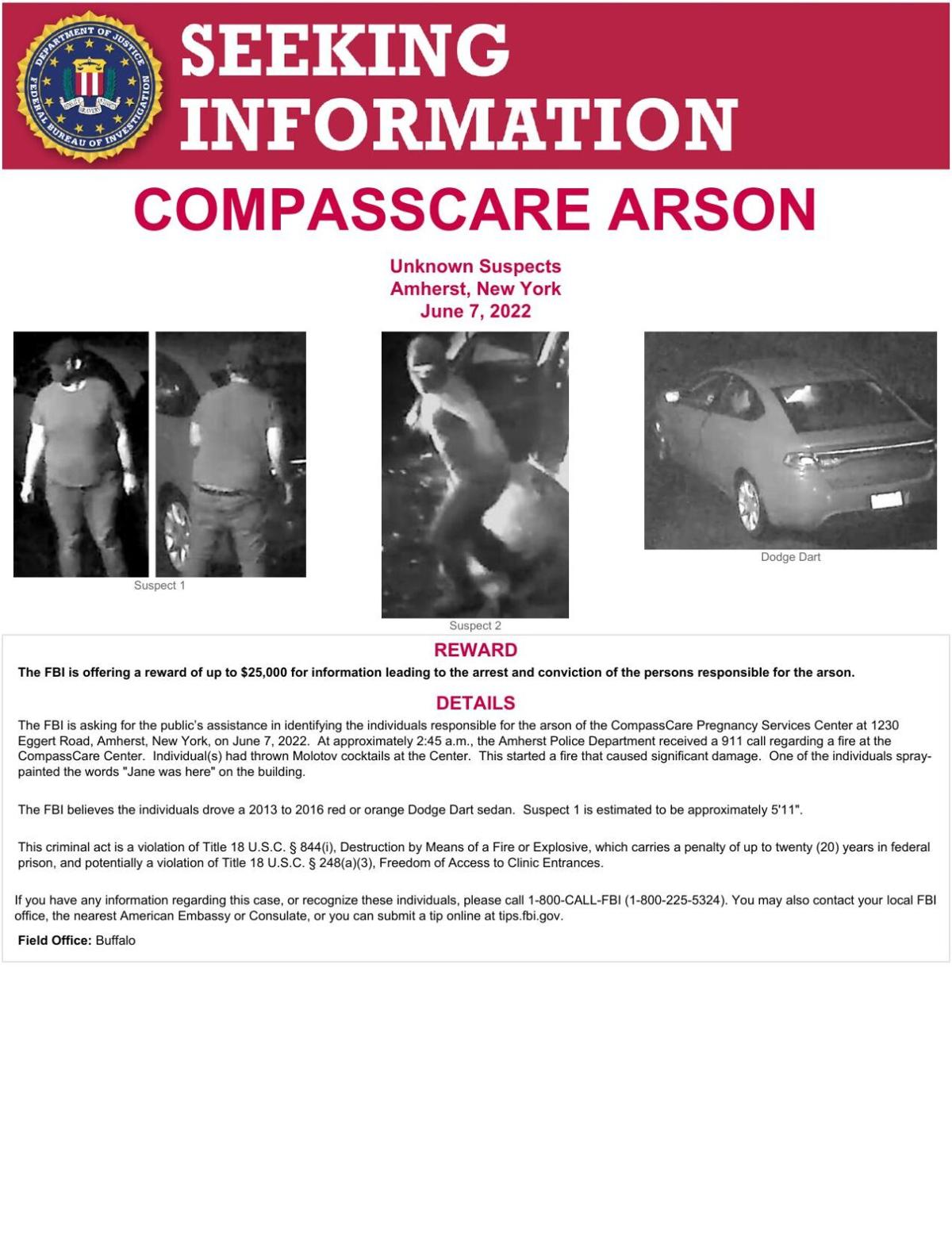FBI offers reward, seeks public's help in identifying CompassCare arson suspects