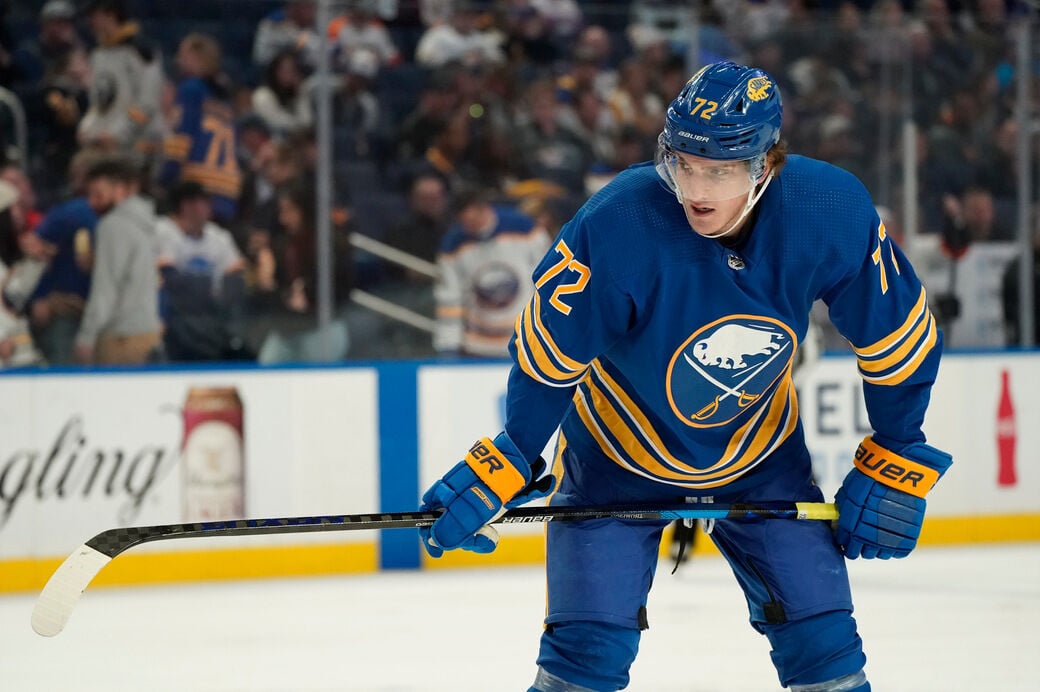 Buffalo Sabres center Tage Thompson wears a special warmup jersey