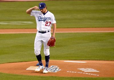 Los Angeles Dodgers pitcher Trevor Bauer before action against the Colorado Rockies at Dodger Stadium on Tuesday, April 13, 2021, in Los Angeles.