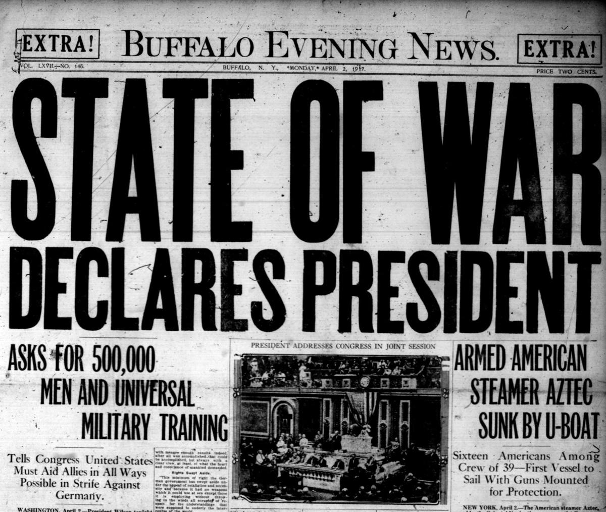 Front page, April 2, 1917: President Wilson declares war on Germany