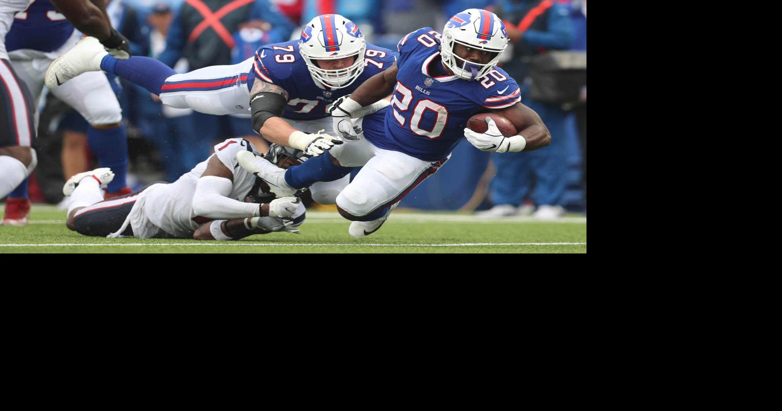 Buffalo Bills tackle Spencer Brown (79) walks off the field following a win  in an NFL