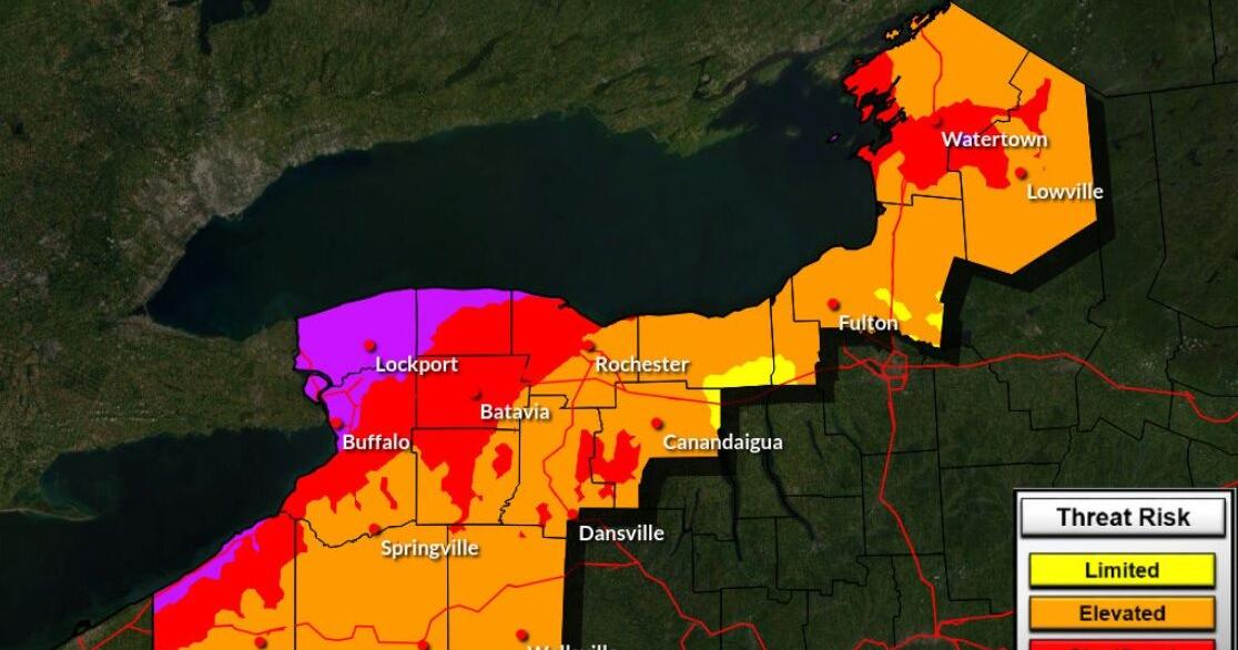 Wind Risk Map Wind risk map for Friday through Friday night in WNY