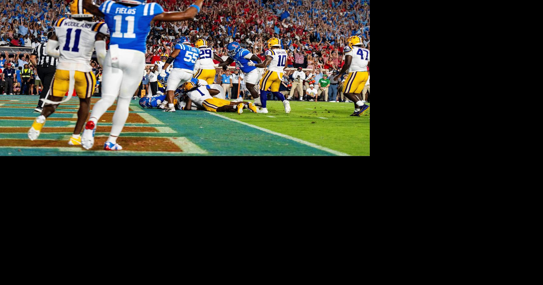 Coverage image for: Ole Miss running back Kewan Lacy (5) dives for a touchdown during a college football game between Ole Miss and LSU at Vaught