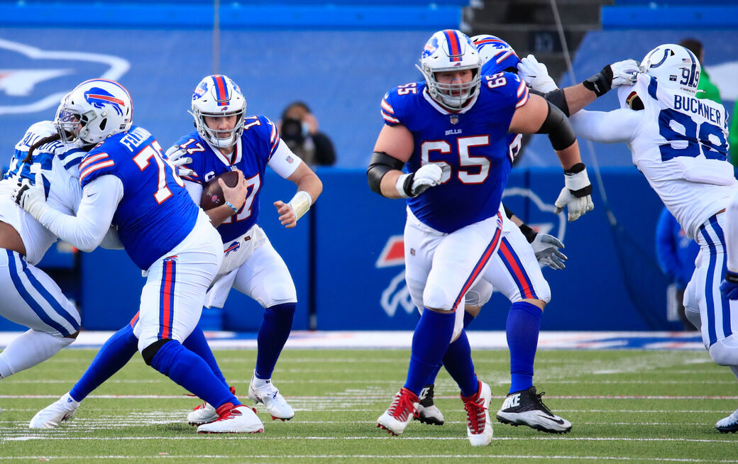 Buffalo Bills guard Ike Boettger (65) blocks against the Seattle Seahawks  during the second half of an NFL football game, Sunday, Nov. 8, 2020, in  Orchard Park, N.Y. (AP Photo/Adrian Kraus Stock