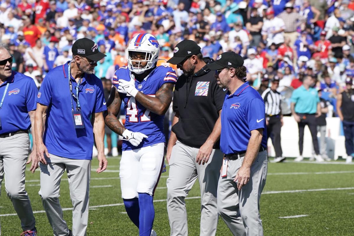 Buffalo Bills cornerback Christian Benford (47) looks for the ball as he  runs a drill during the NFL football team's rookie minicamp in Orchard  Park, N.Y., Friday May 13, 2022. (AP/ Photo