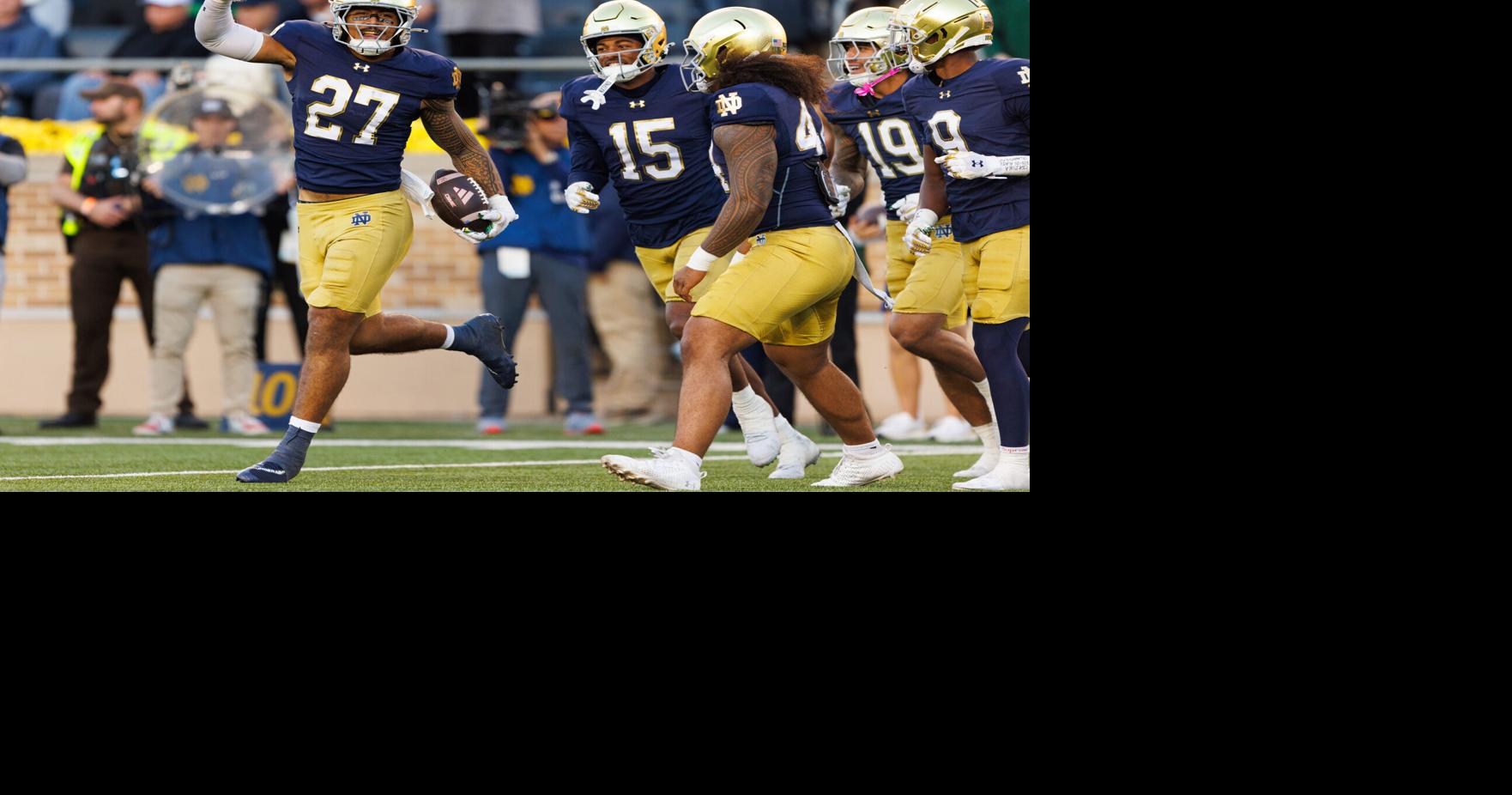 Notre Dame linebacker Kyngstonn Viliamu-Asa (27) celebrates after intercepting a pass in the second half of a NCAA football game against NC State at Notre Dame Stadium on Saturday, Oct. 11, 2025, in South Bend.