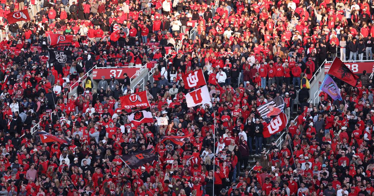 Utah Utes fans celebrate a touchdown against the Kansas State Wildcats during the second half at Rice-Eccles Stadium.